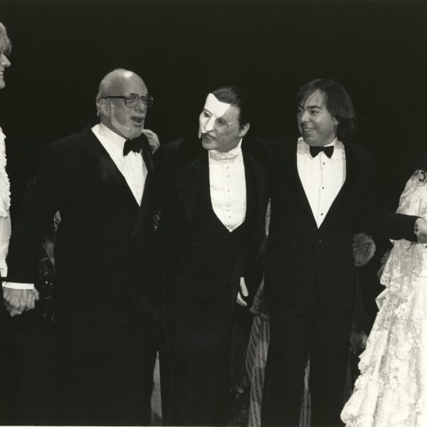 Opening night curtain call, Jan. 26, 1988, features Steve Barton  (Raoul), Harold Prince, Michael Crawford (The Phantom), Andrew Lloyd Webber and Sarah Brightman (Christine