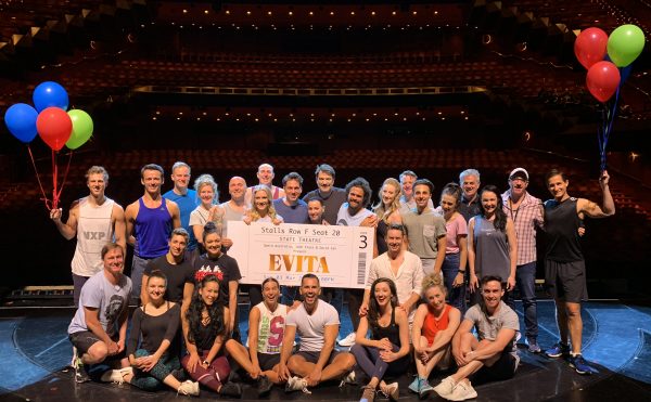 The cast of Evita celebrating Evita Breaks Record Becoming Highest Selling Show Ever at Arts Centre Melbourne